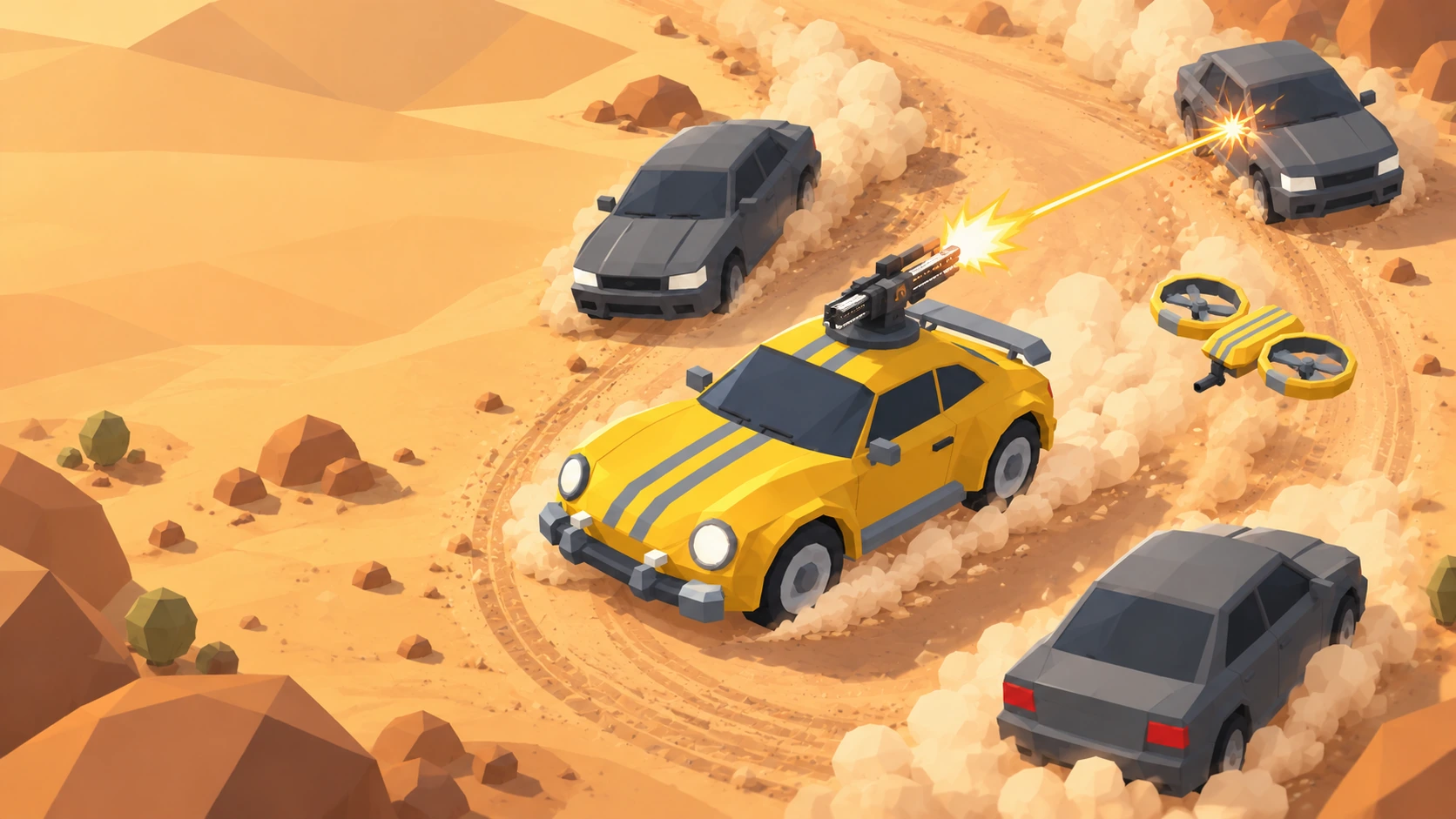 Yellow DuneFalcon with a roof turret and drone breaking through enemy cars in the desert
