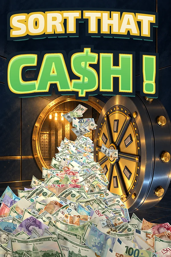Sort That Cash! key art: an open bank vault spilling banknotes