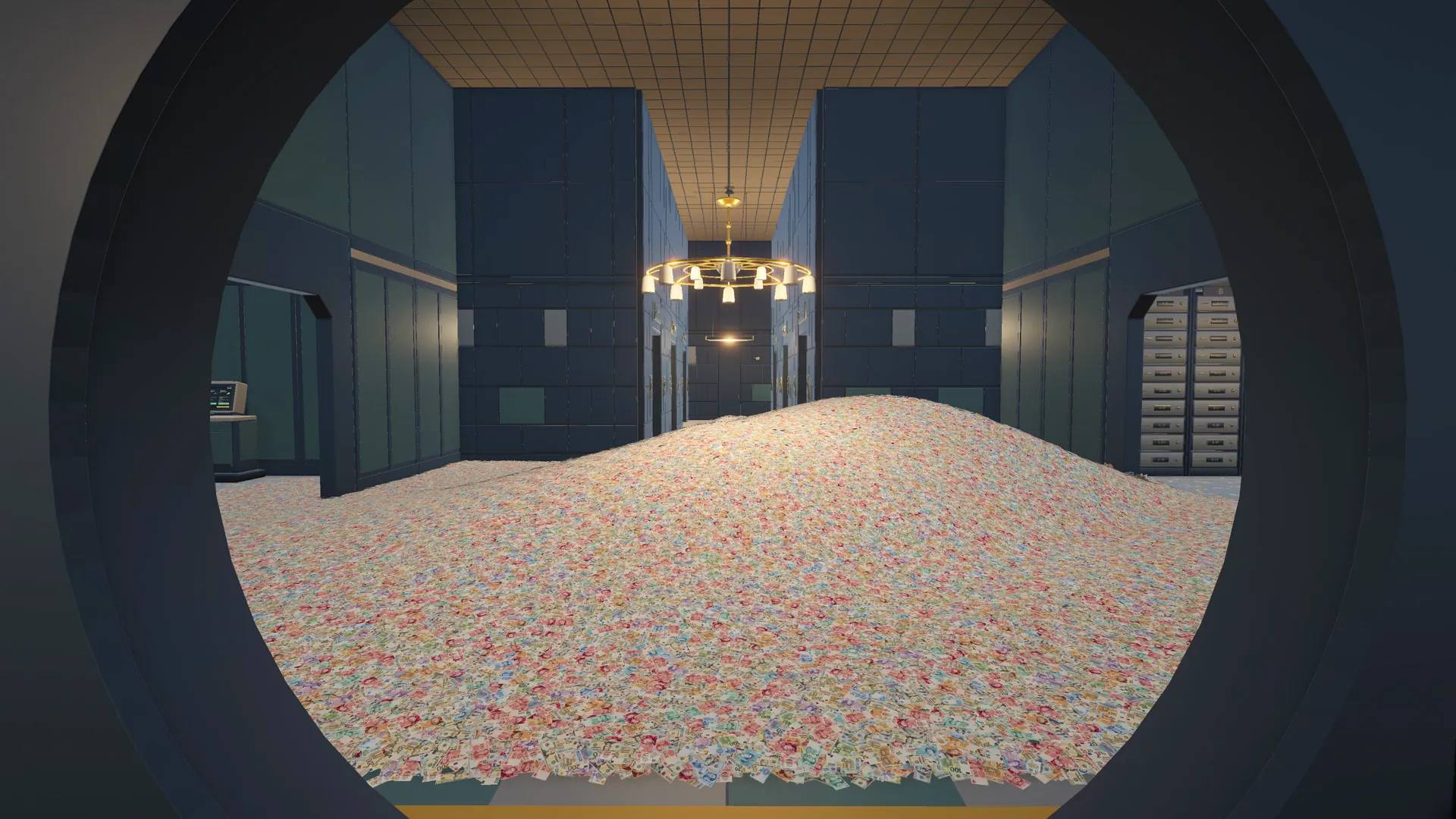 The vault door opens onto a mountain of banknotes