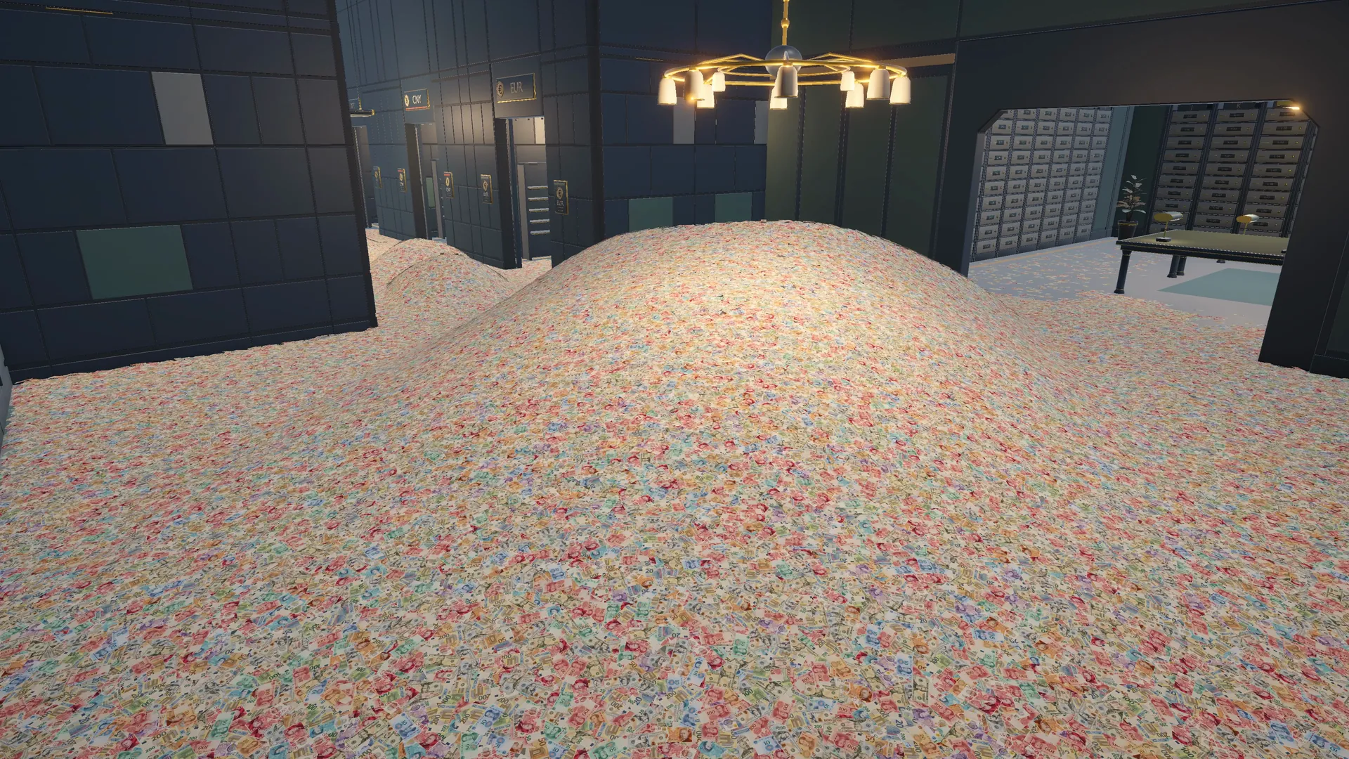 A mountain of loose banknotes under the chandelier