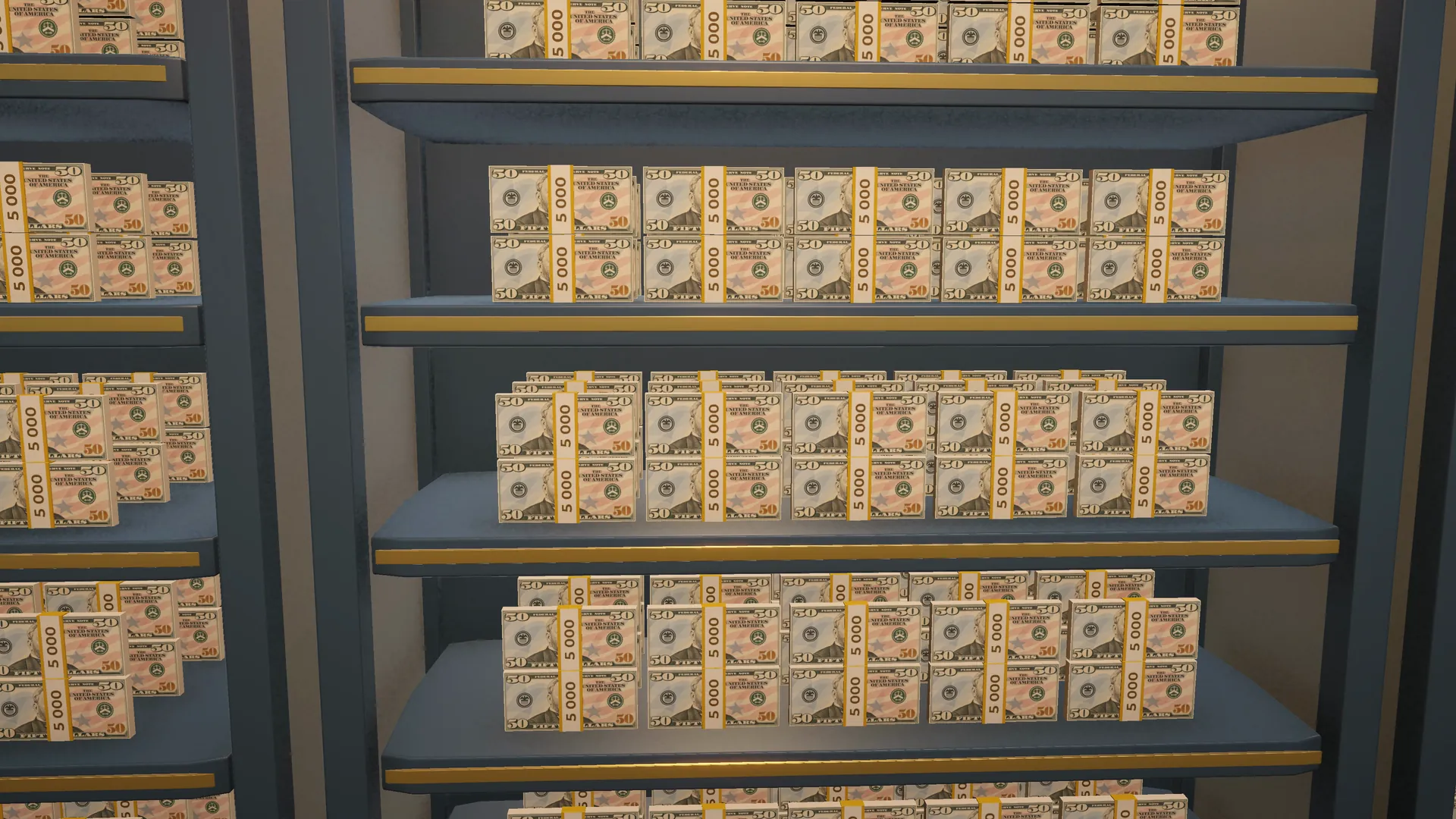 Shelves full of strapped USD bundles