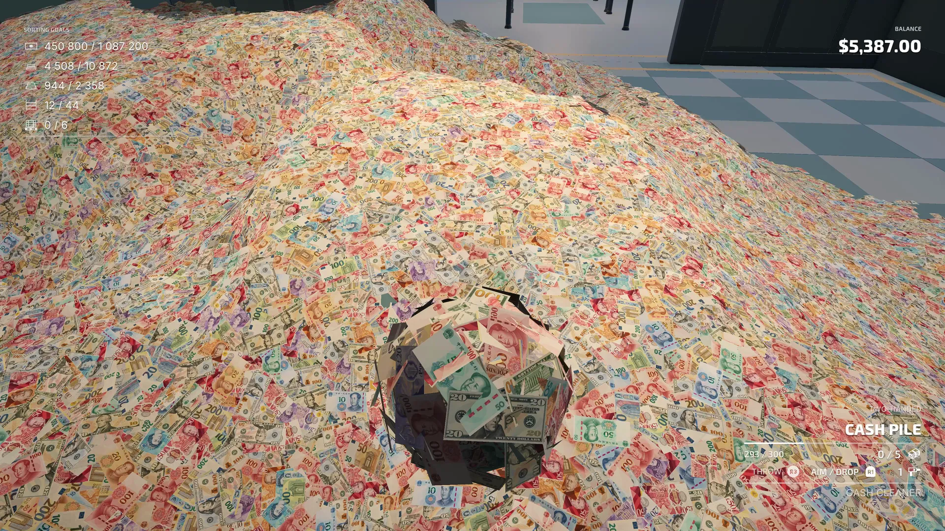Digging into the cash pile, with the sorting goals on screen